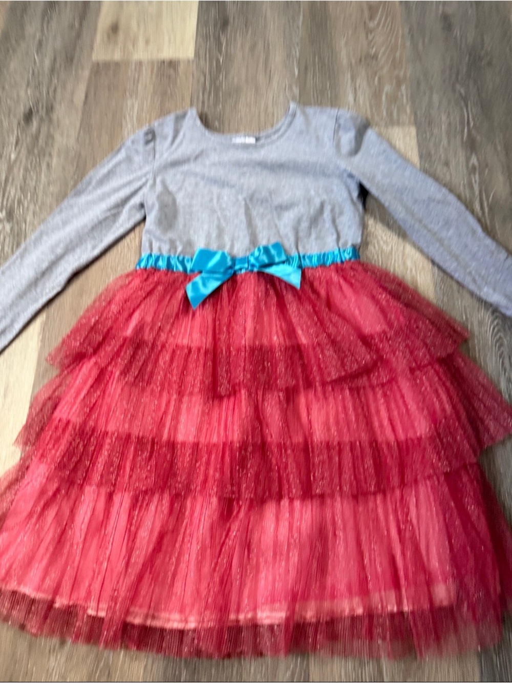 Hanna Andersson Gray Top Red Tulle Dress with Blue Bow